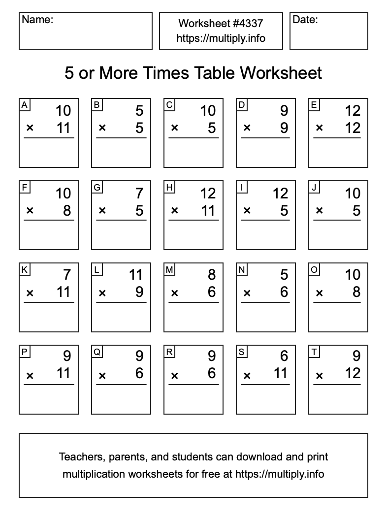 5 or more Times Table Worksheet #4337