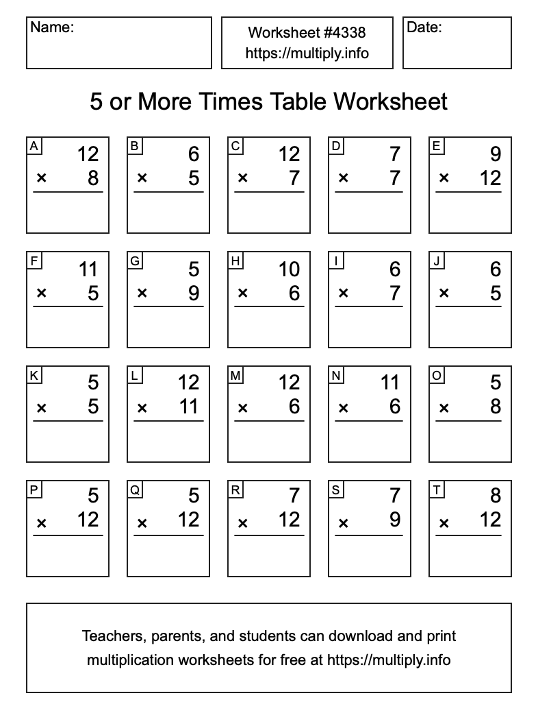 5 or more Times Table Worksheet #4338