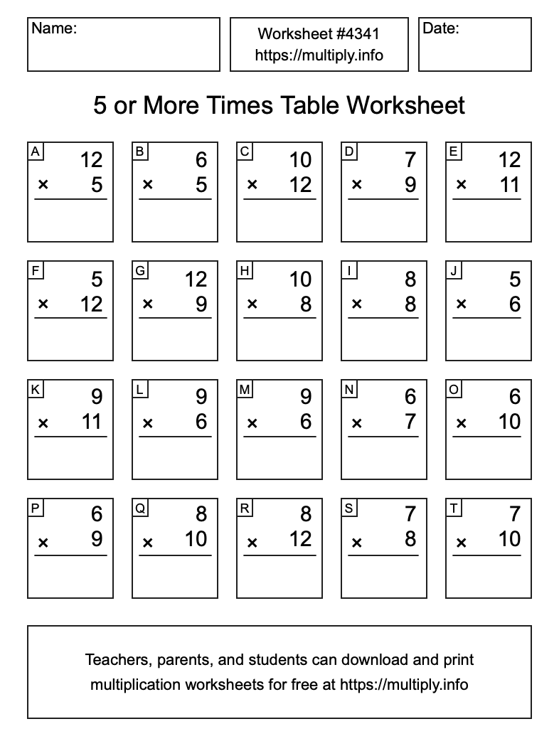 5 or more Times Table Worksheet #4341