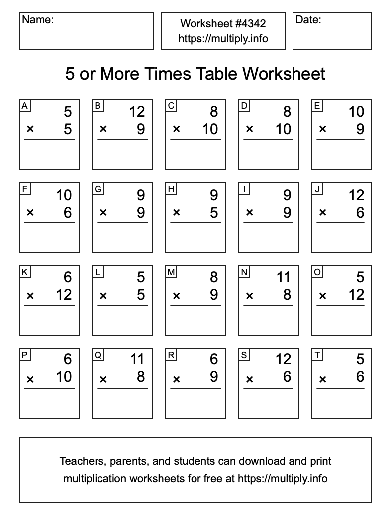5 or more Times Table Worksheet #4342