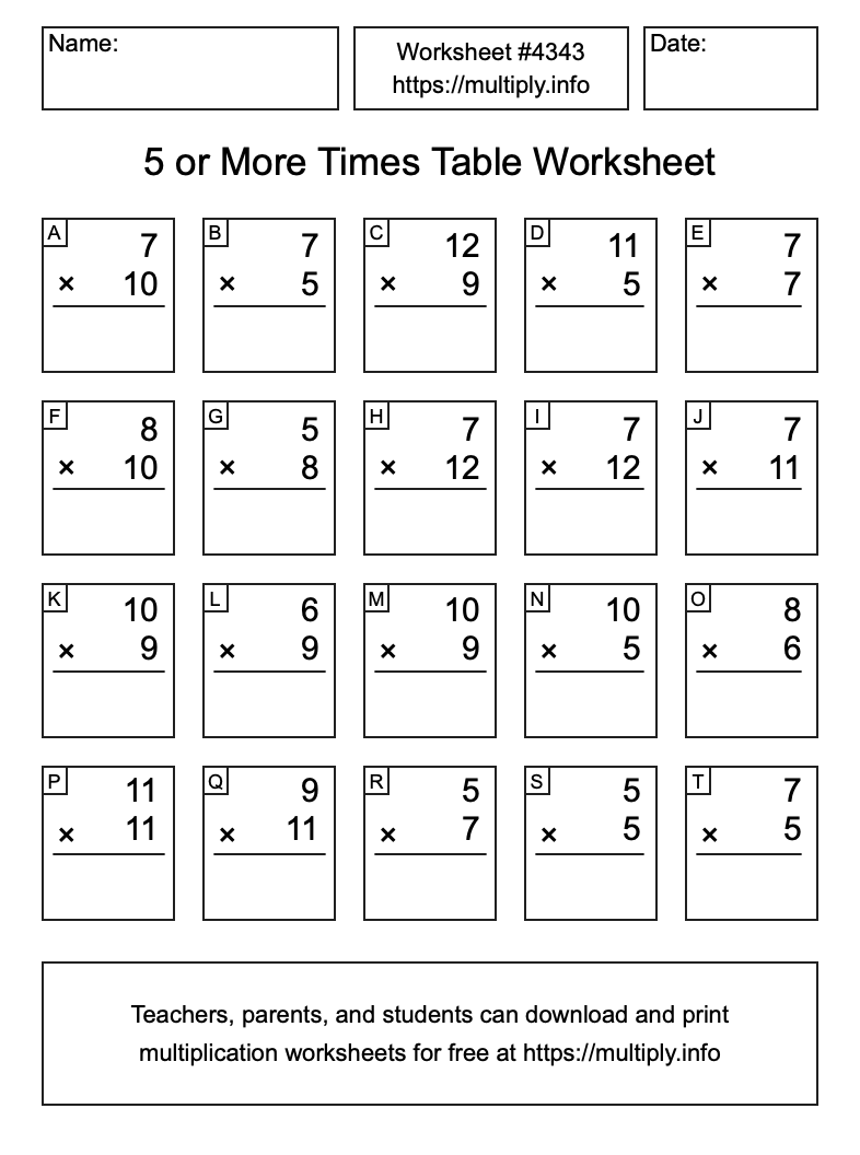 5 or more Times Table Worksheet #4343