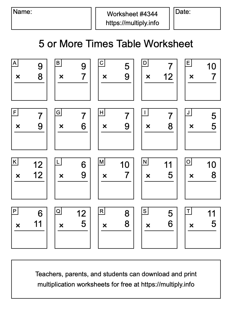 5 or more Times Table Worksheet #4344