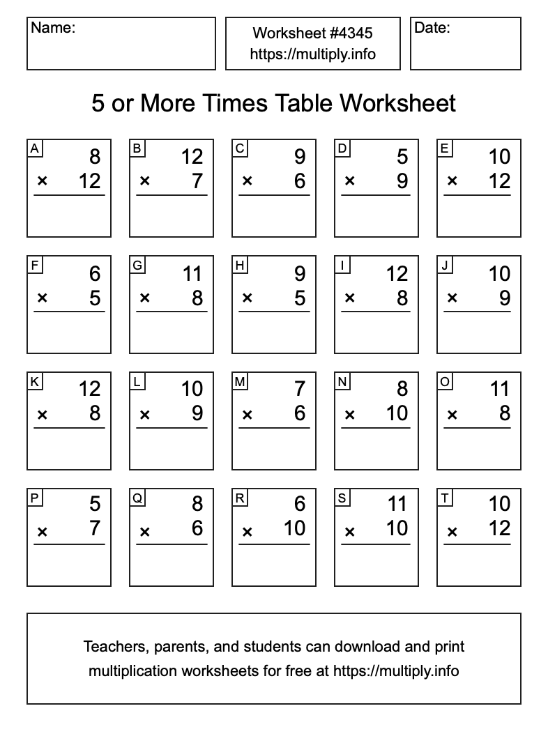 5 or more Times Table Worksheet #4345