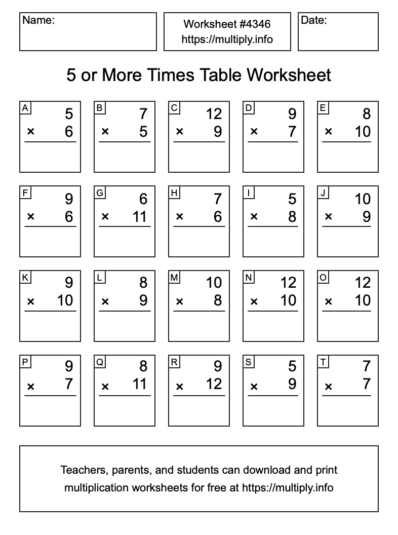 5 or more Times Table Worksheet #4346