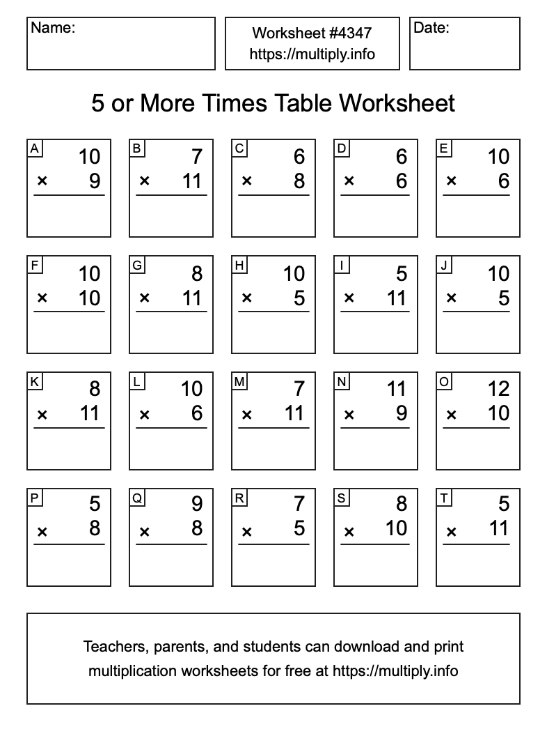 5 or more Times Table Worksheet #4347