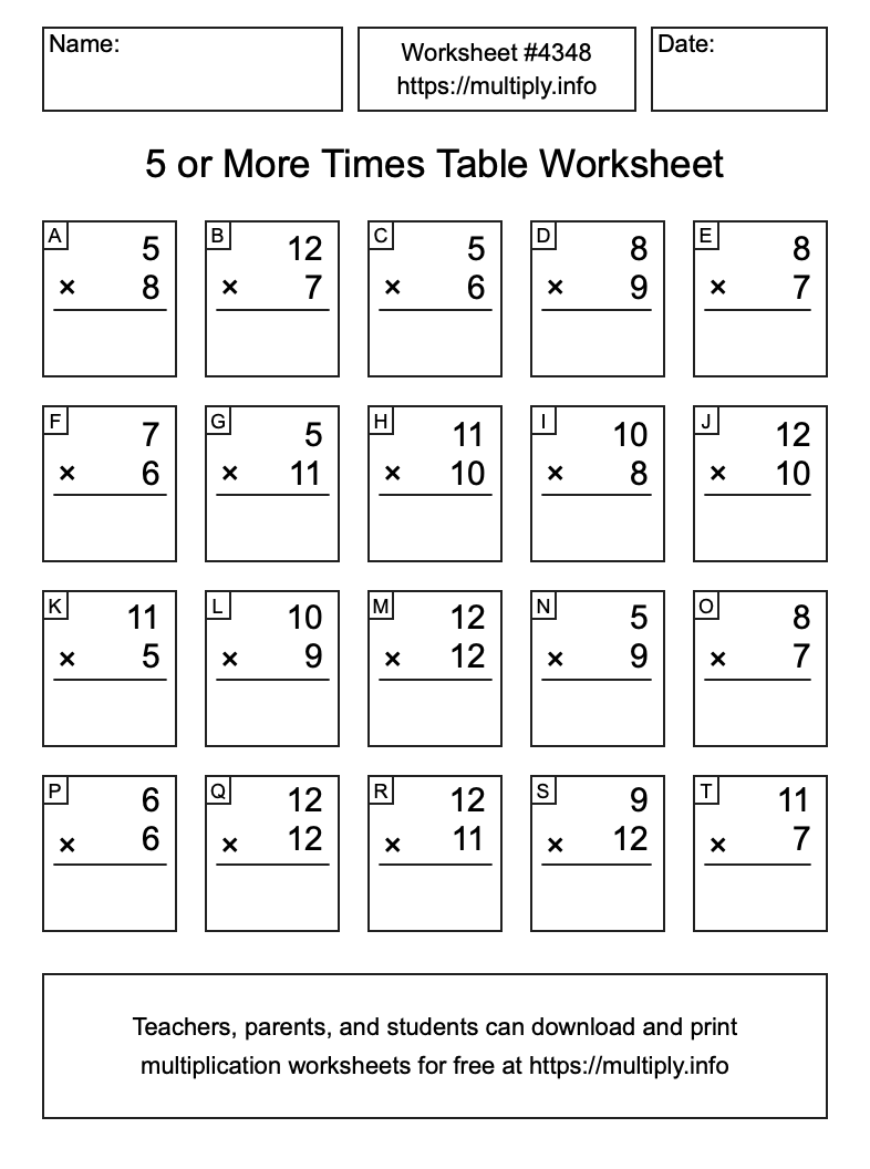 5 or more Times Table Worksheet #4348