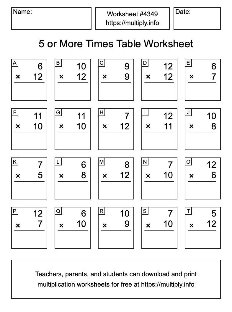 5 or more Times Table Worksheet #4349