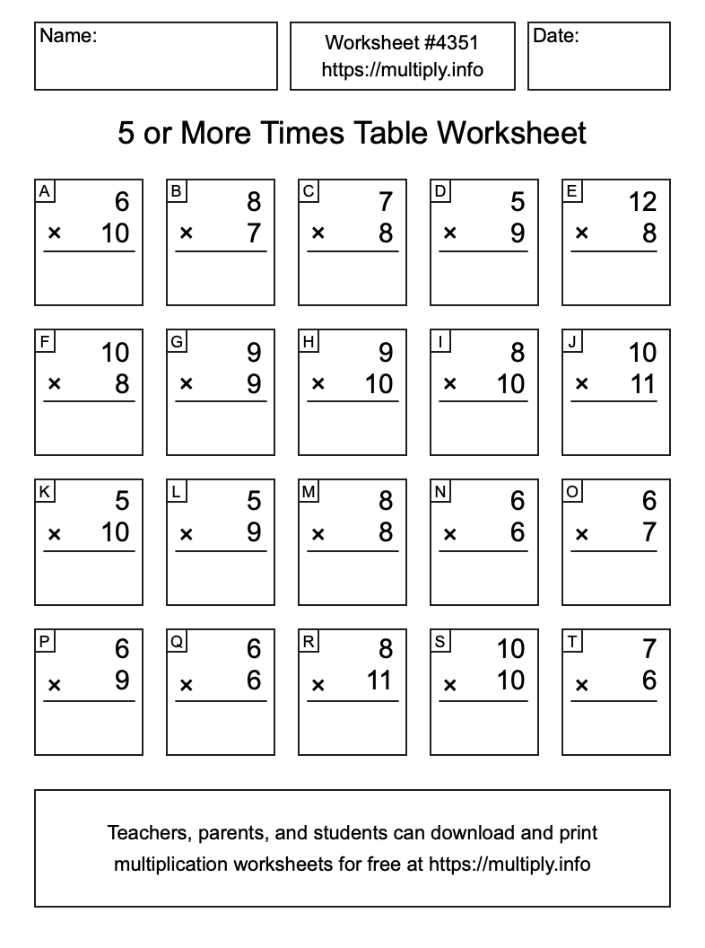 5 or more Times Table Worksheet #4351