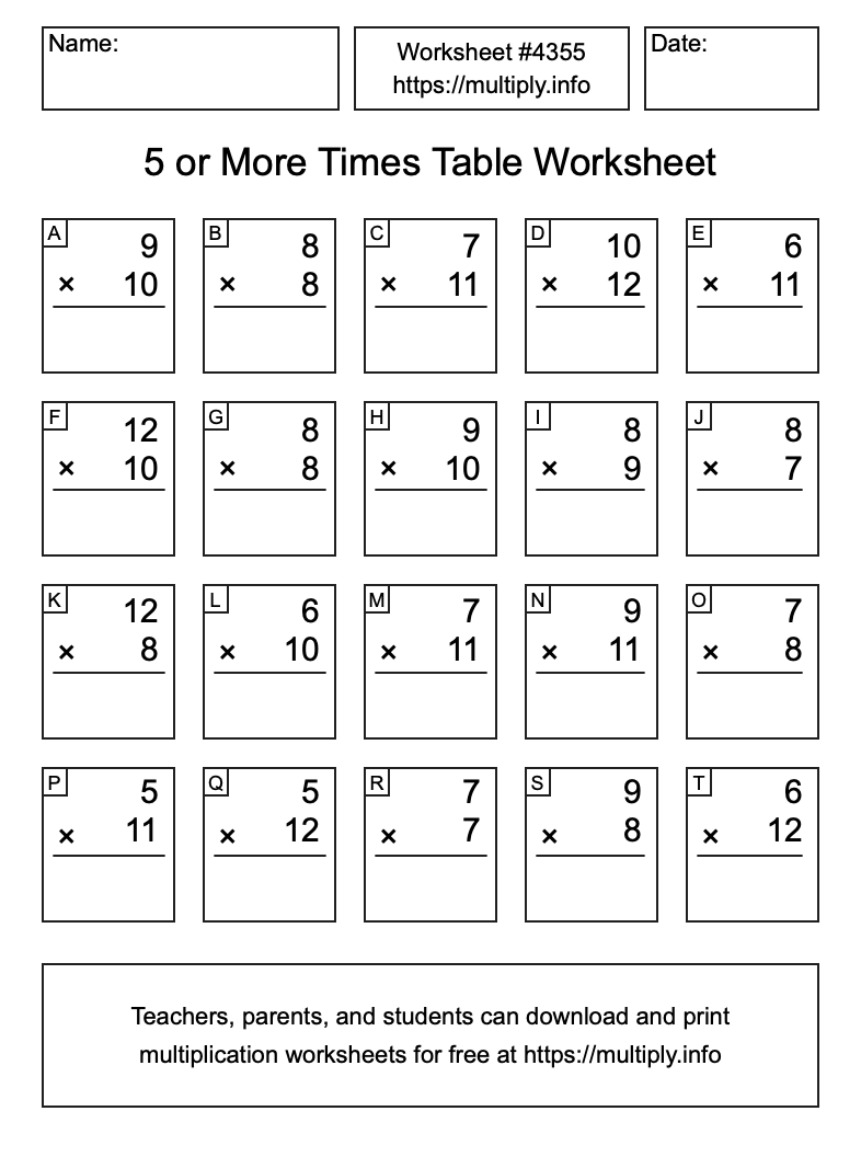 5 or more Times Table Worksheet #4355