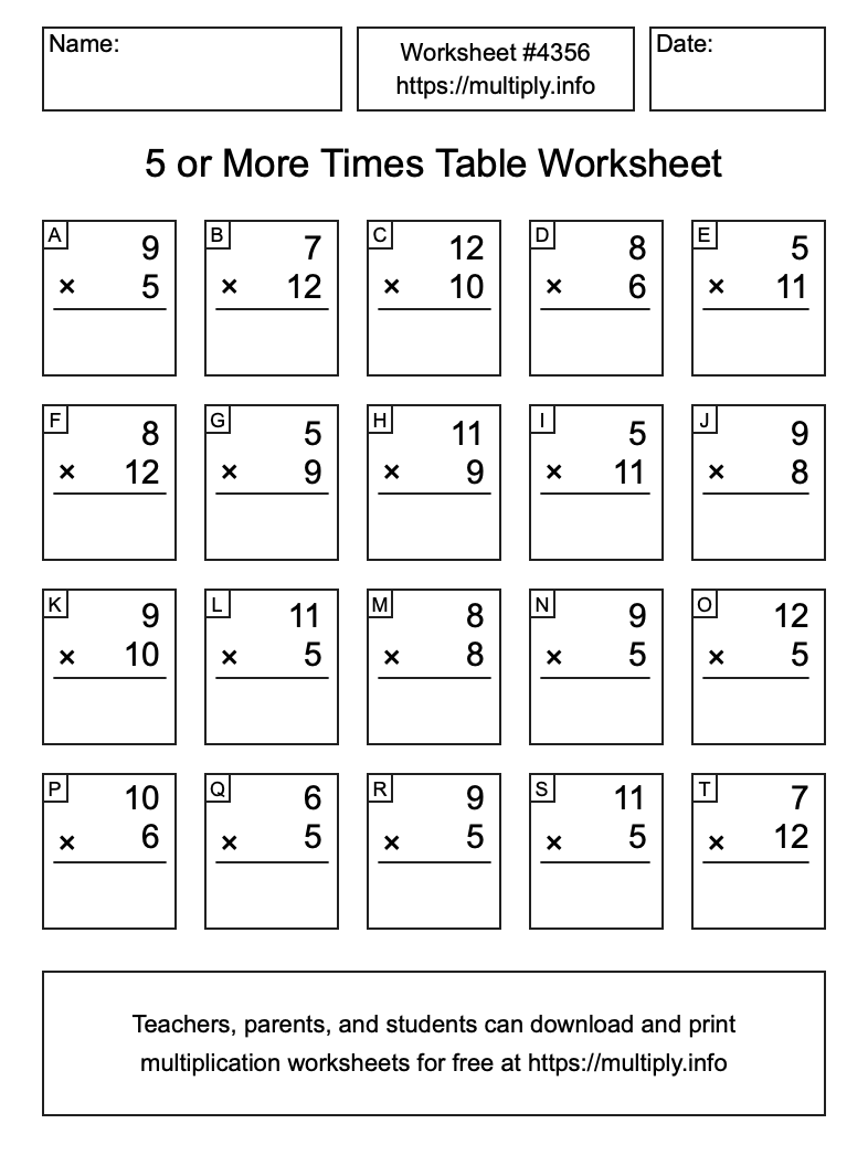 5 or more Times Table Worksheet #4356