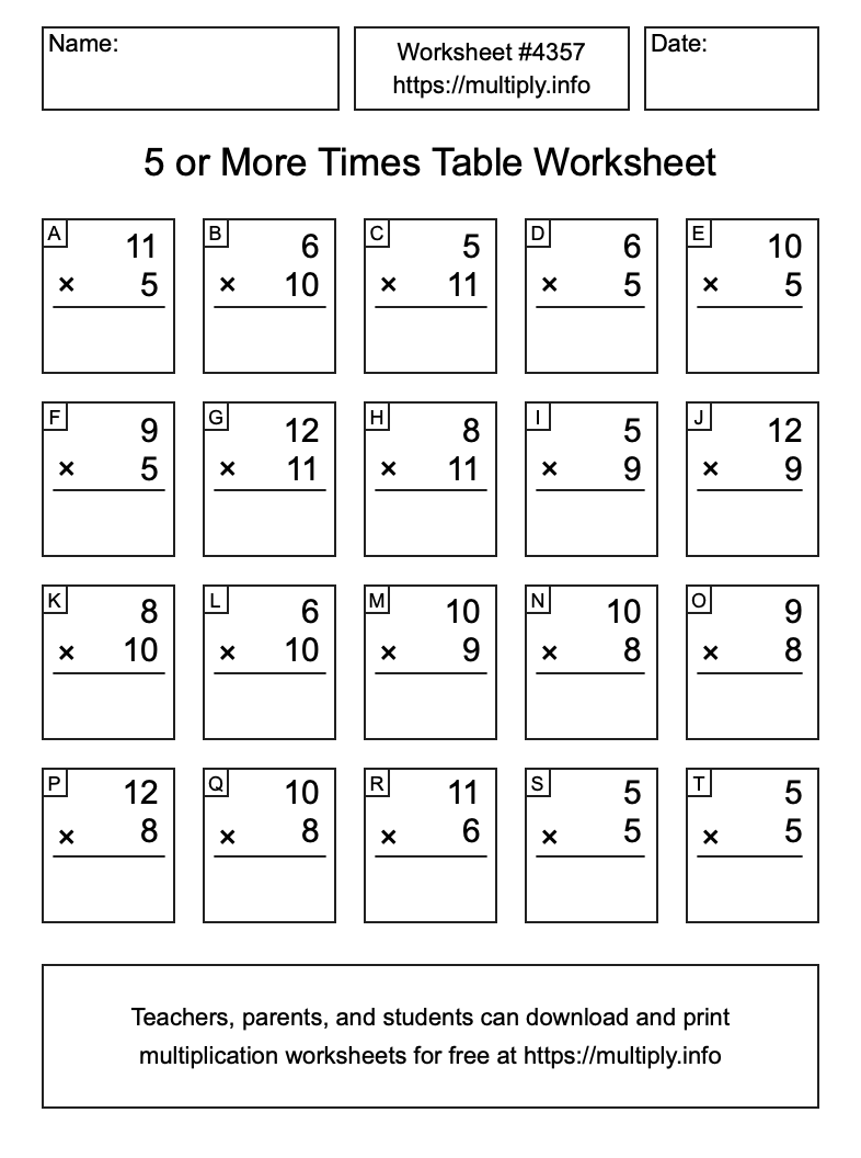 5 or more Times Table Worksheet #4357
