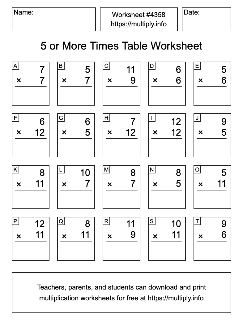 5 or more Times Table Worksheet #4358