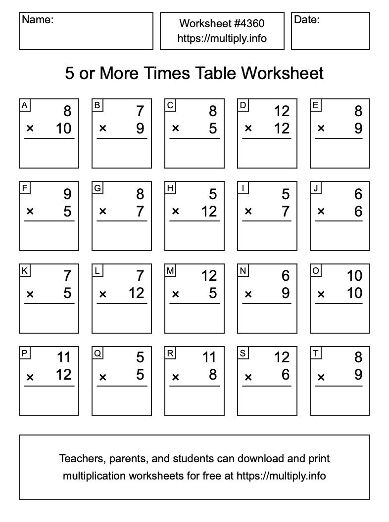 5 or more Times Table Worksheet #4360