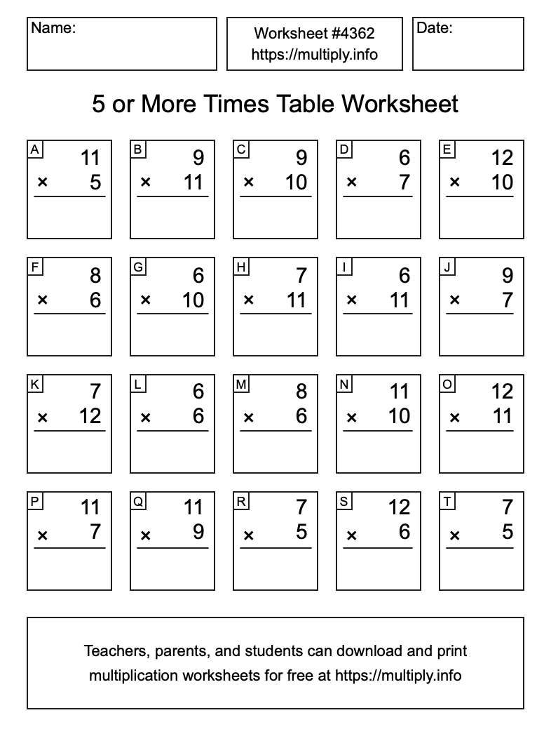 5 or more Times Table Worksheet #4362