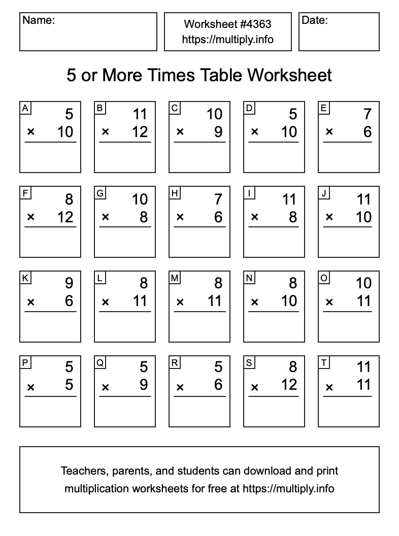 5 or more Times Table Worksheet #4363