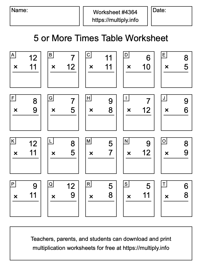 5 or more Times Table Worksheet #4364