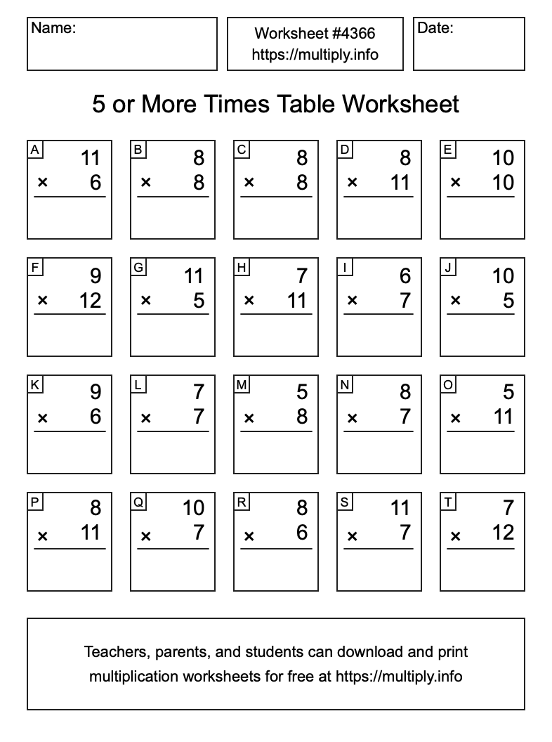 5 or more Times Table Worksheet #4366
