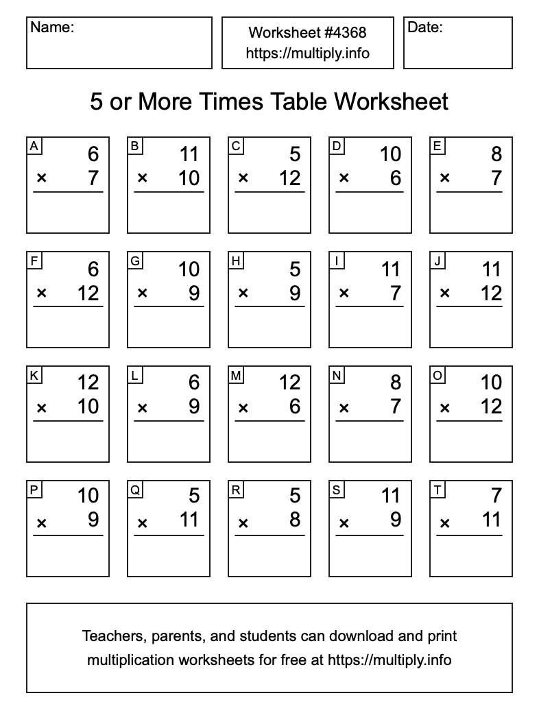 5 or more Times Table Worksheet #4368
