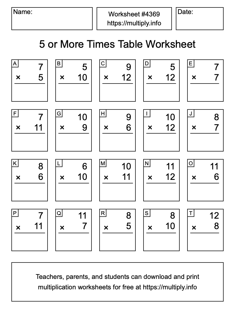 5 or more Times Table Worksheet #4369