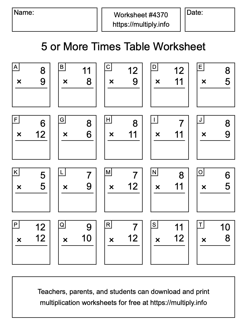 5 or more Times Table Worksheet #4370