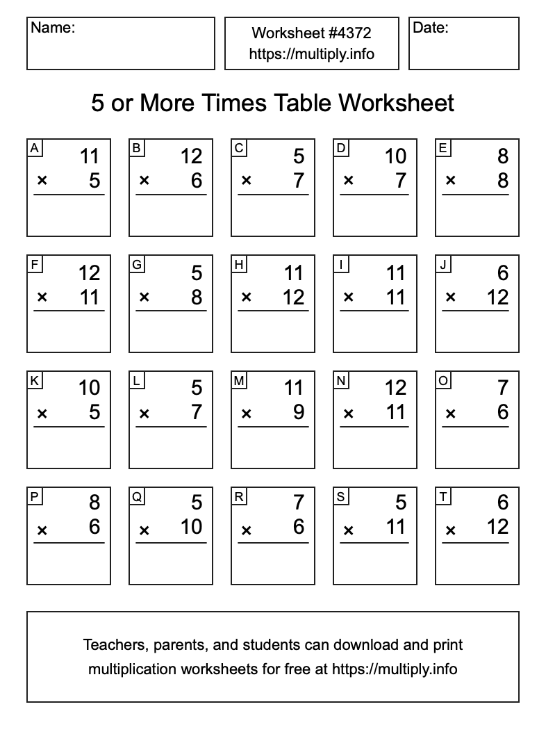 5 or more Times Table Worksheet #4372