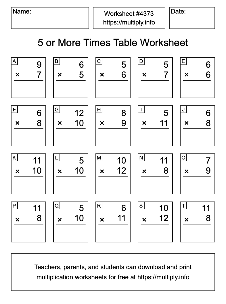 5 or more Times Table Worksheet #4373
