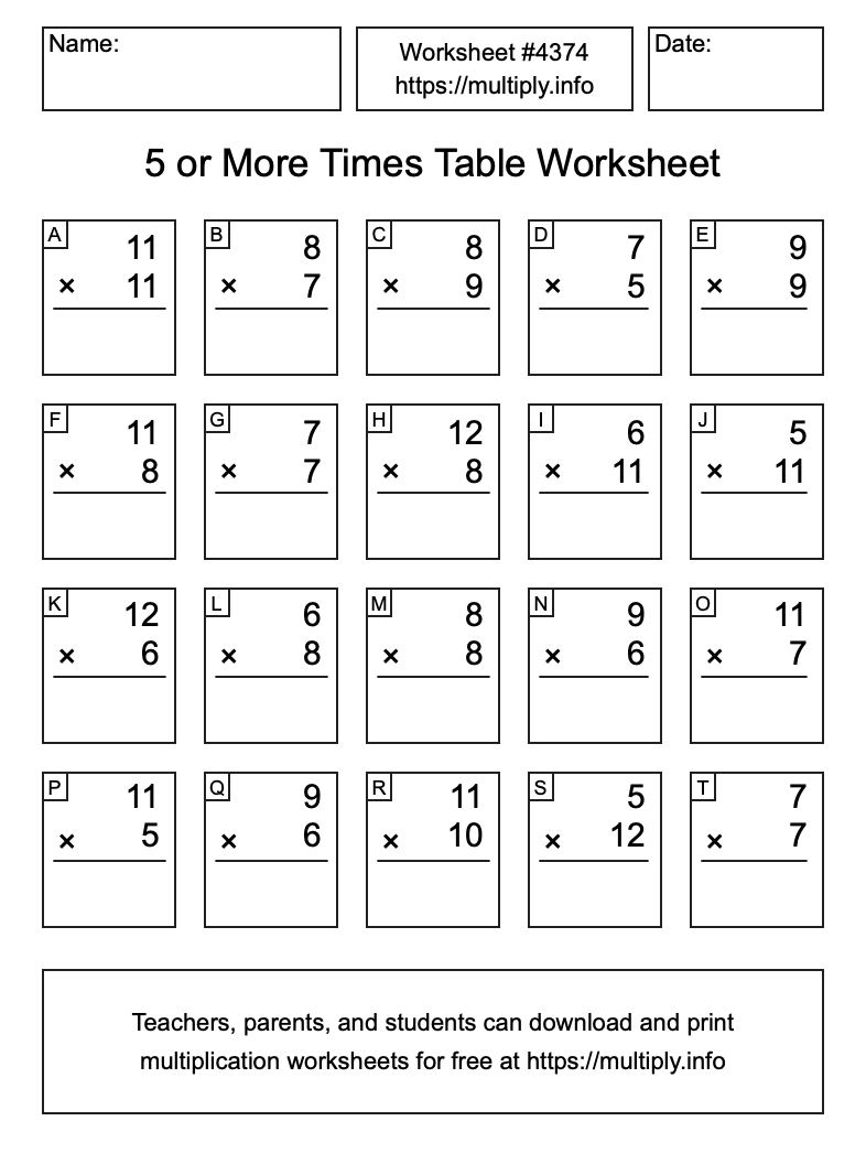 5 or more Times Table Worksheet #4374