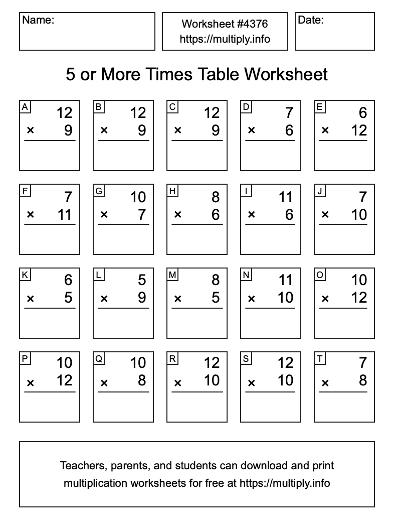 5 or more Times Table Worksheet #4376