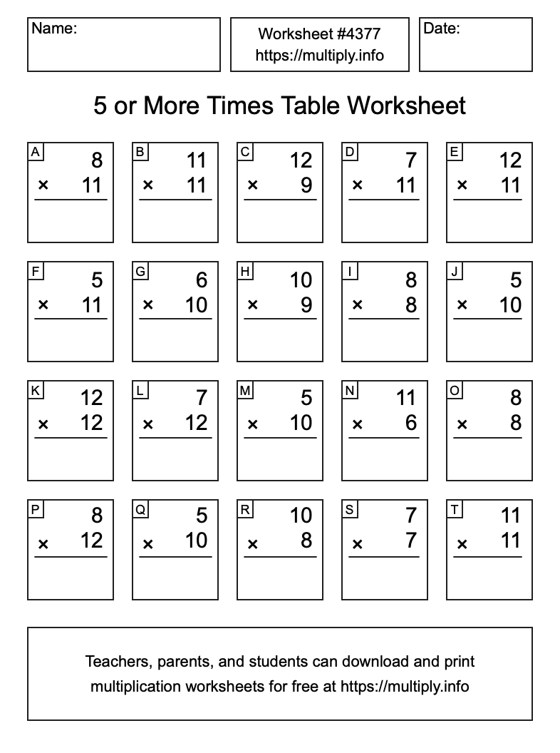 5 or more Times Table Worksheet #4377