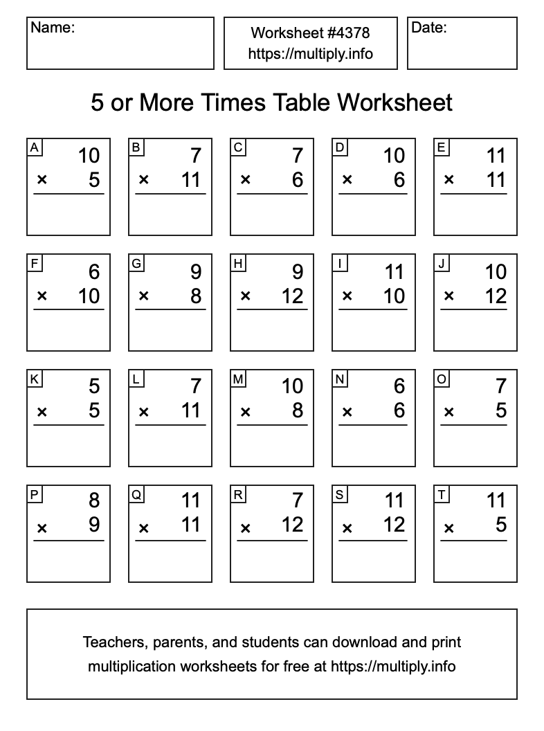 5 or more Times Table Worksheet #4378