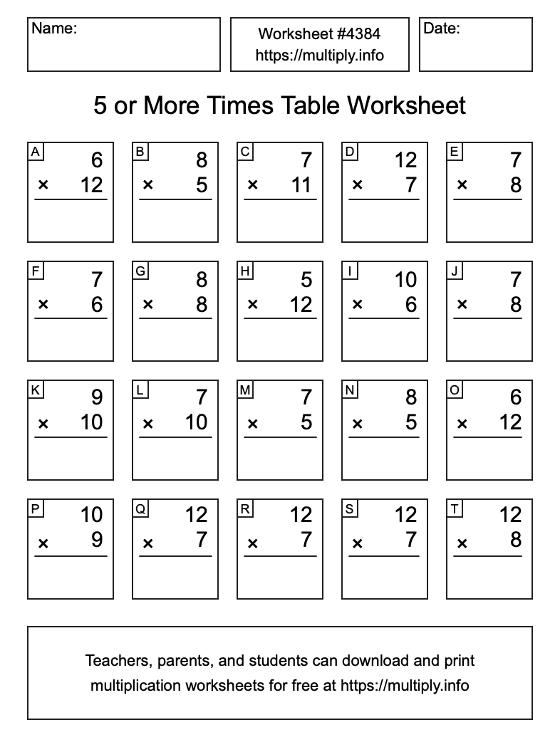 5 or more Times Table Worksheet #4384