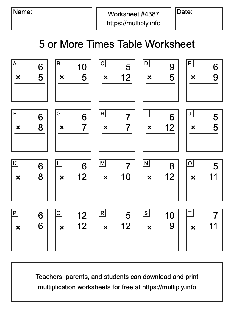 5 or more Times Table Worksheet #4387