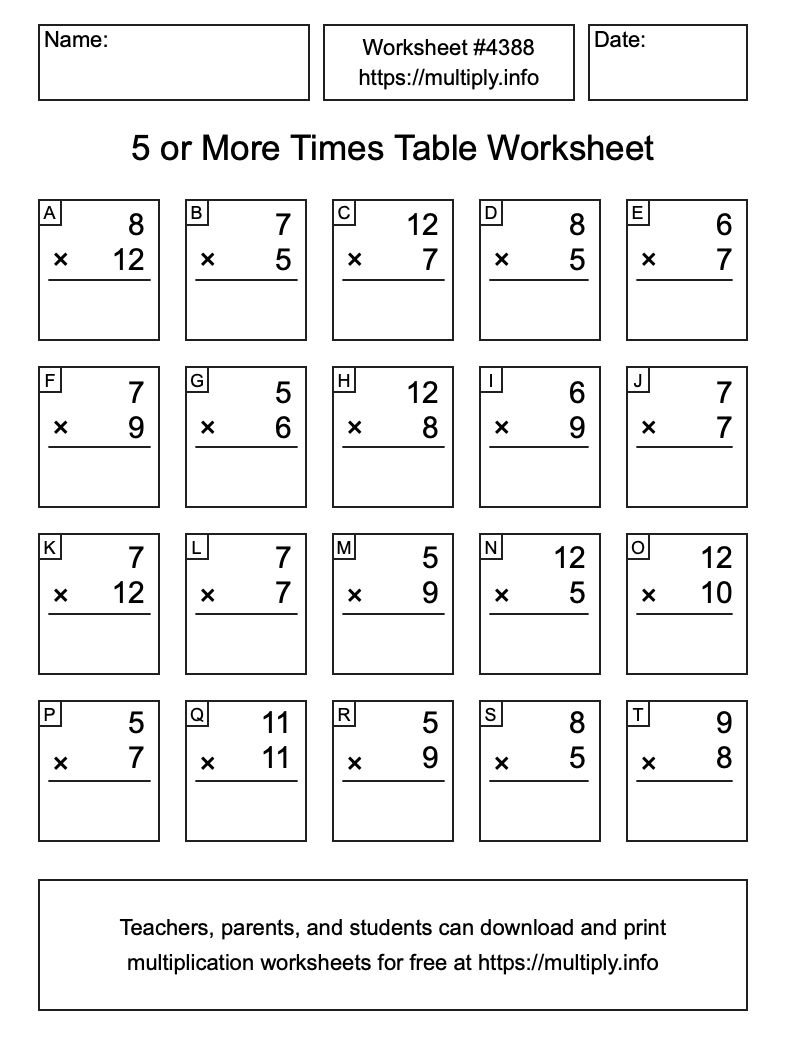 5 or more Times Table Worksheet #4388