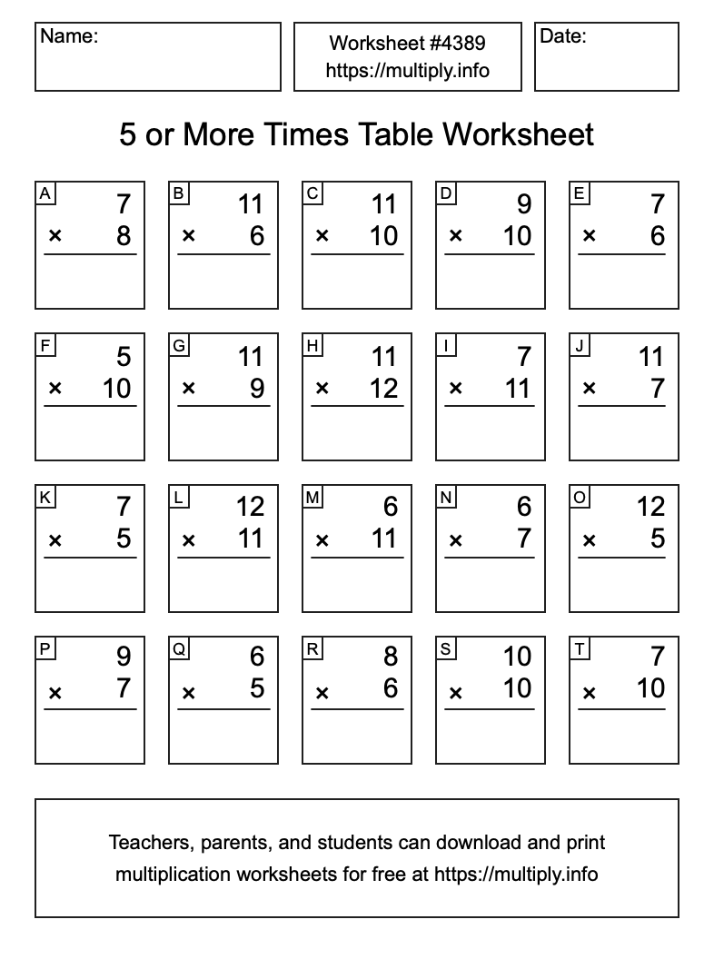 5 or more Times Table Worksheet #4389