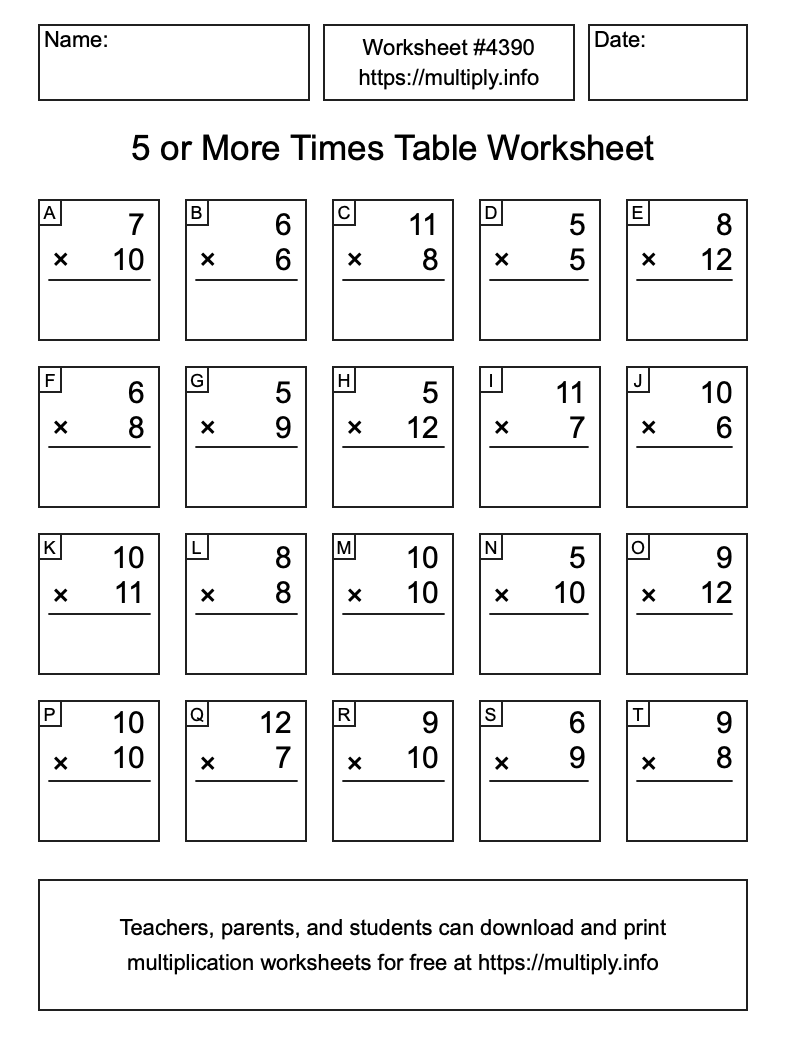 5 or more Times Table Worksheet #4390