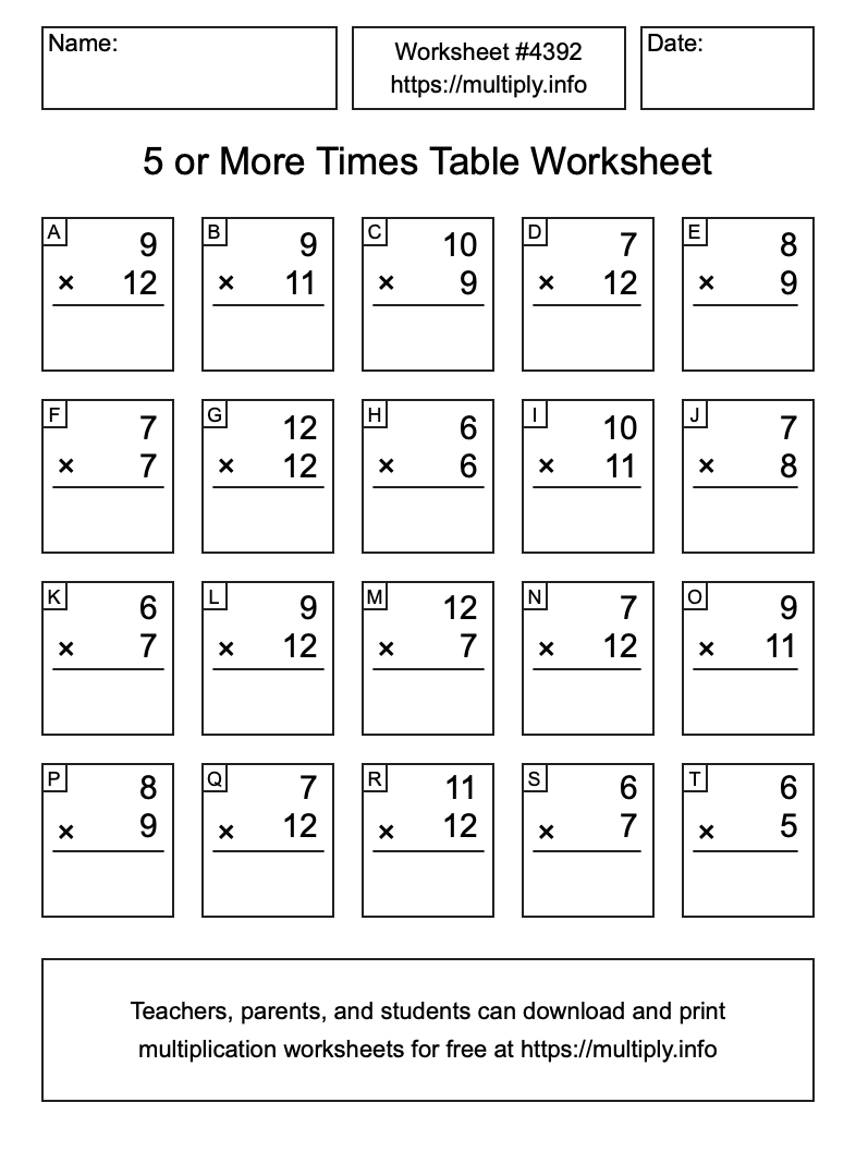 5 or more Times Table Worksheet #4392