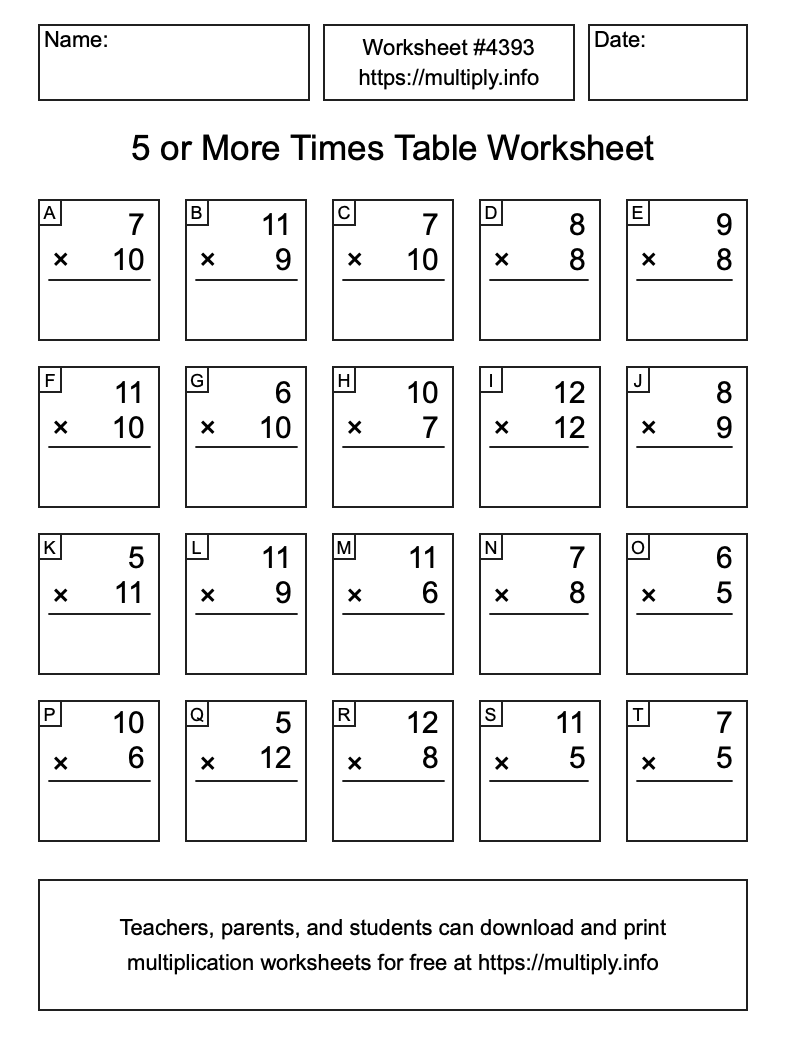 5 or more Times Table Worksheet #4393