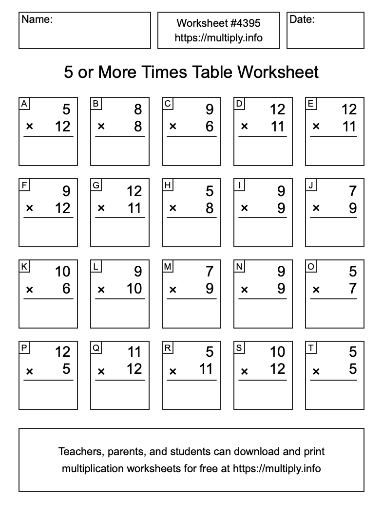 5 or more Times Table Worksheet #4395