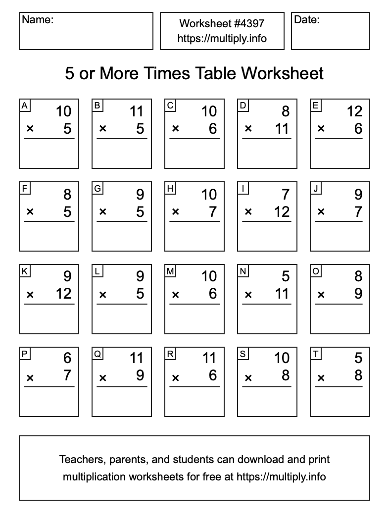 5 or more Times Table Worksheet #4397
