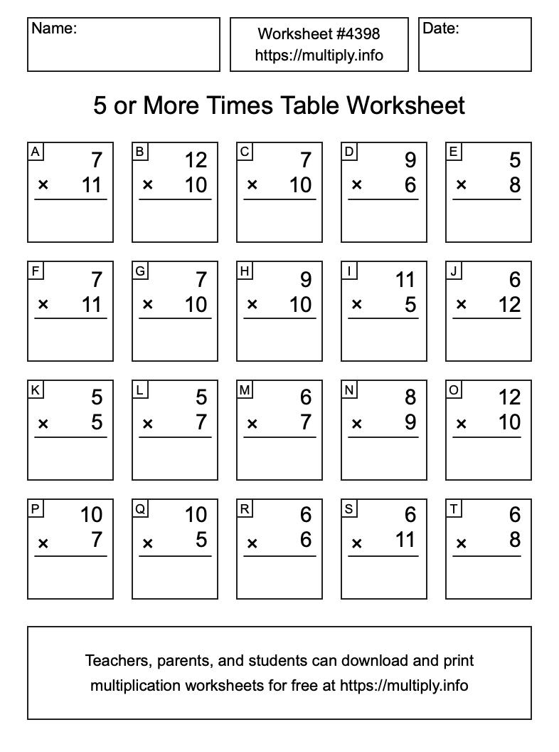 5 or more Times Table Worksheet #4398