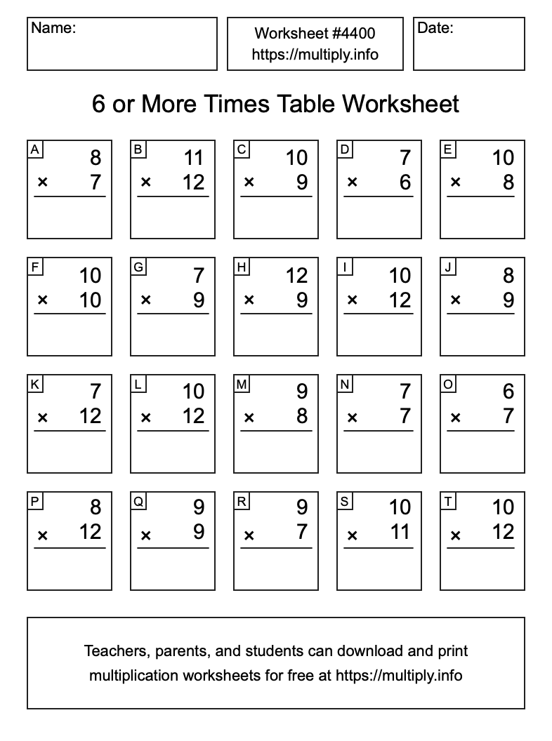 6 or more Times Table Worksheet #4400
