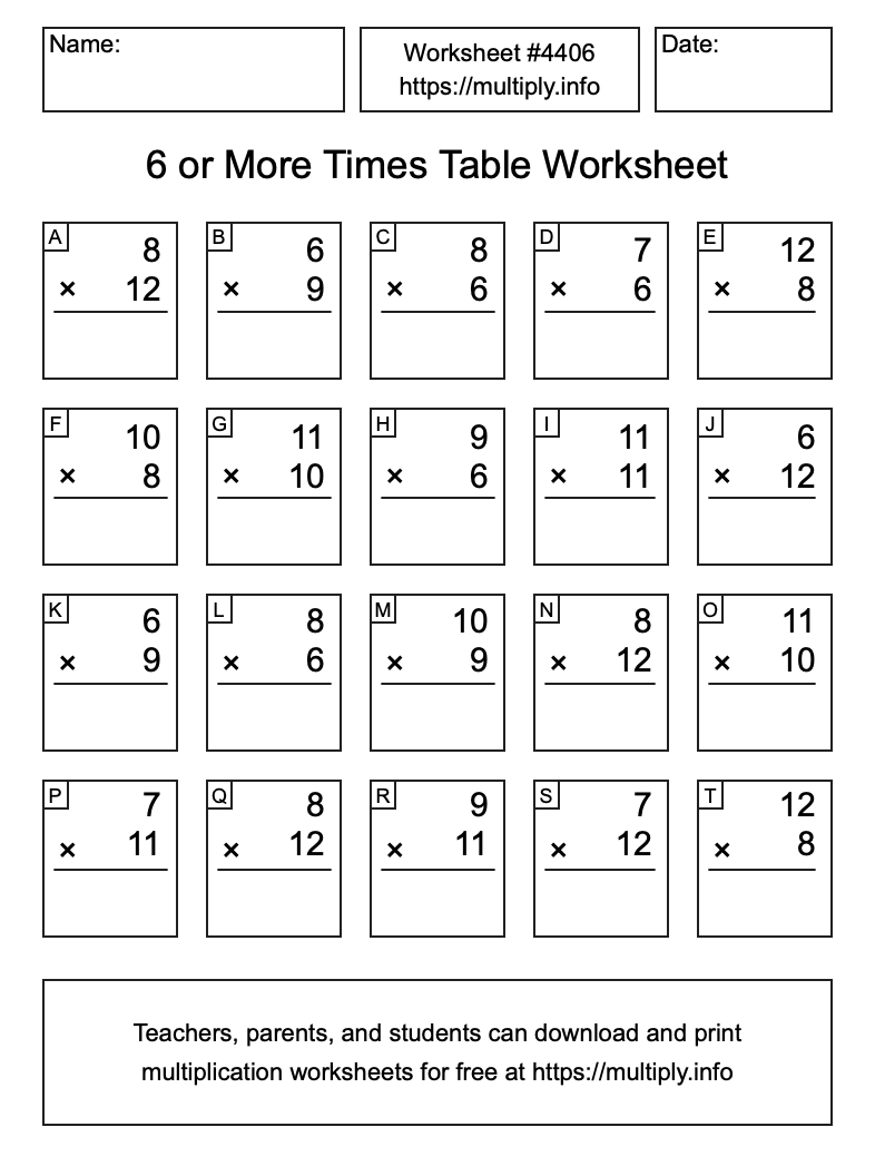 6 or more Times Table Worksheet #4406