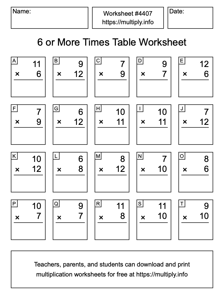 6 or more Times Table Worksheet #4407