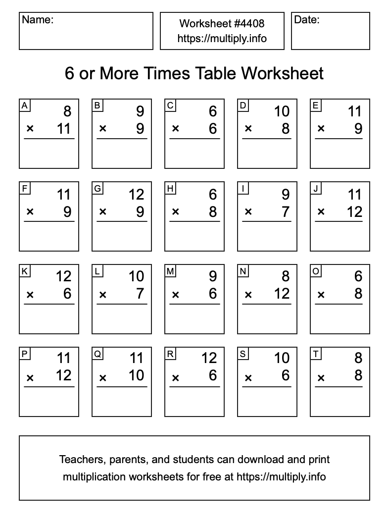 6 or more Times Table Worksheet #4408