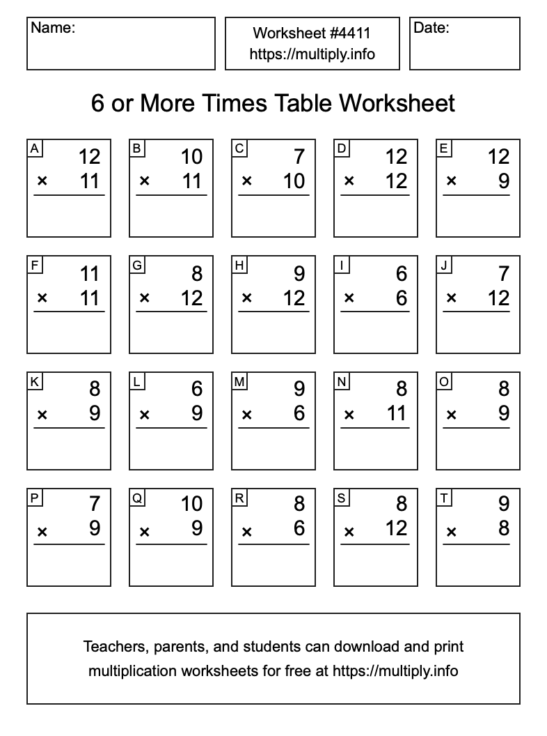 6 or more Times Table Worksheet #4411