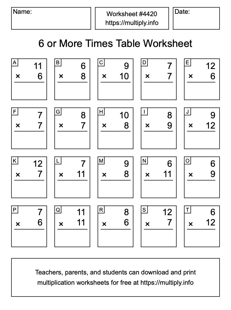 6 or more Times Table Worksheet #4420