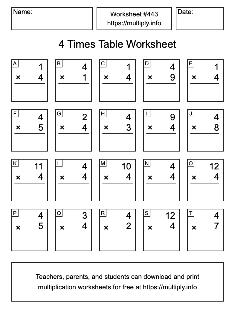 4 Times Table Worksheet #443