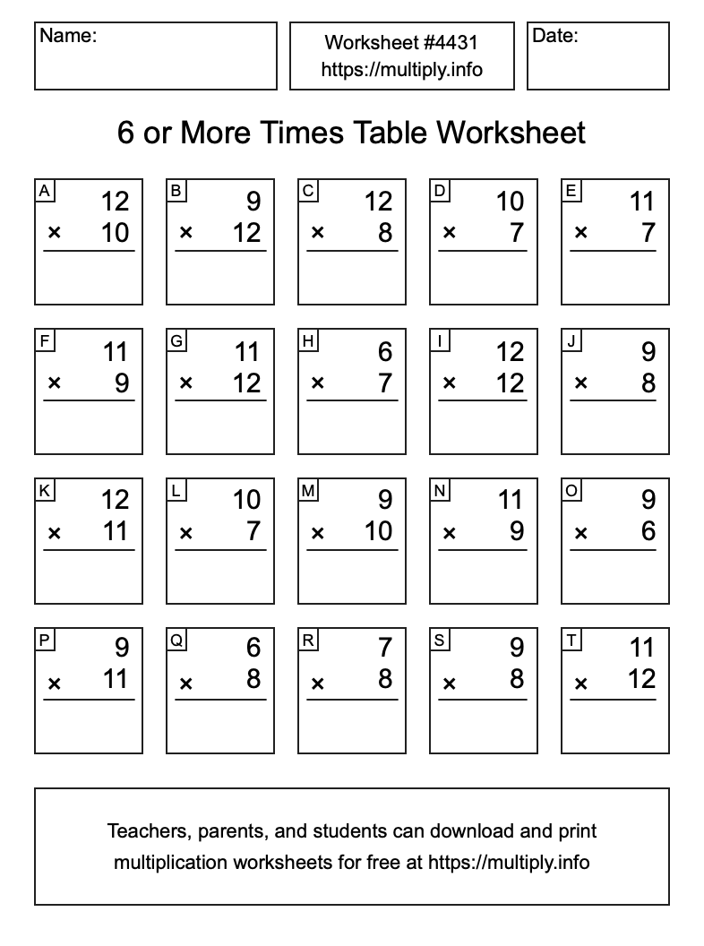 6 or more Times Table Worksheet #4431