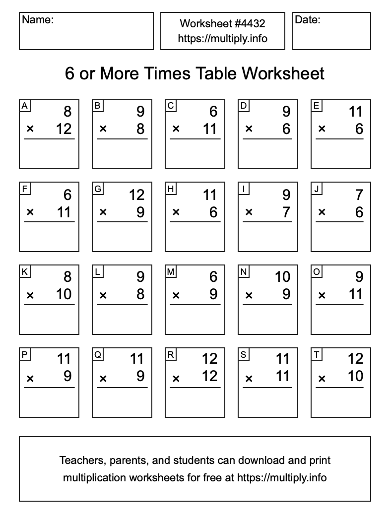 6 or more Times Table Worksheet #4432