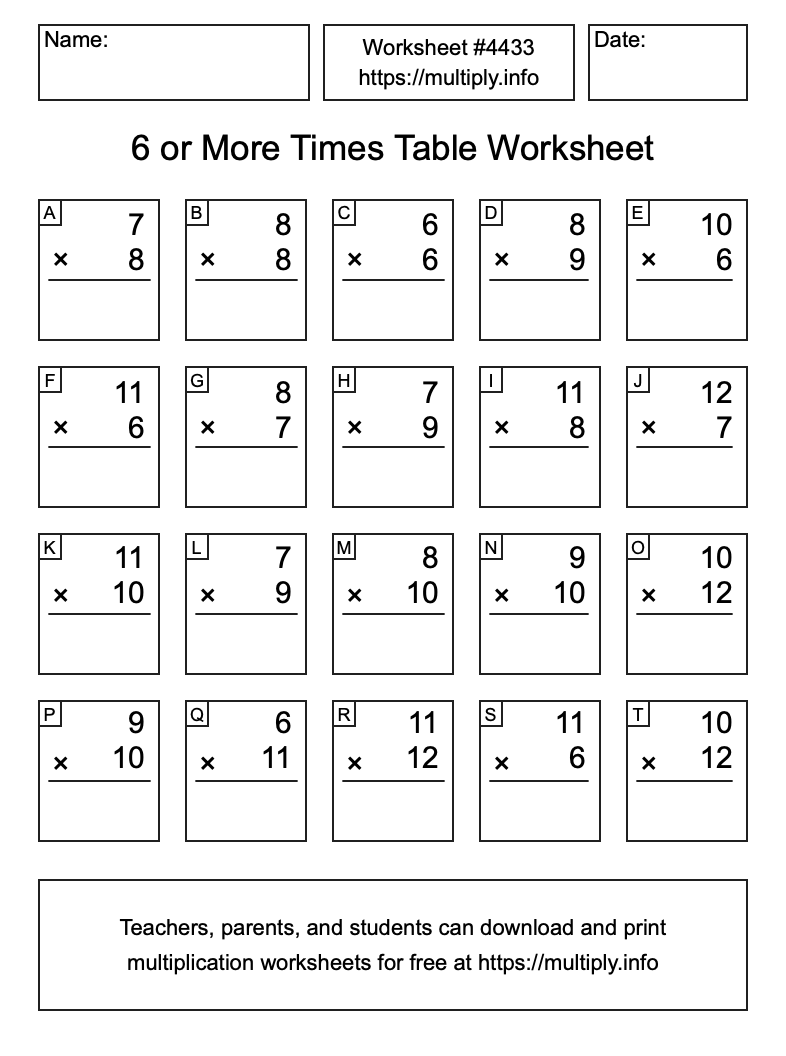 6 or more Times Table Worksheet #4433